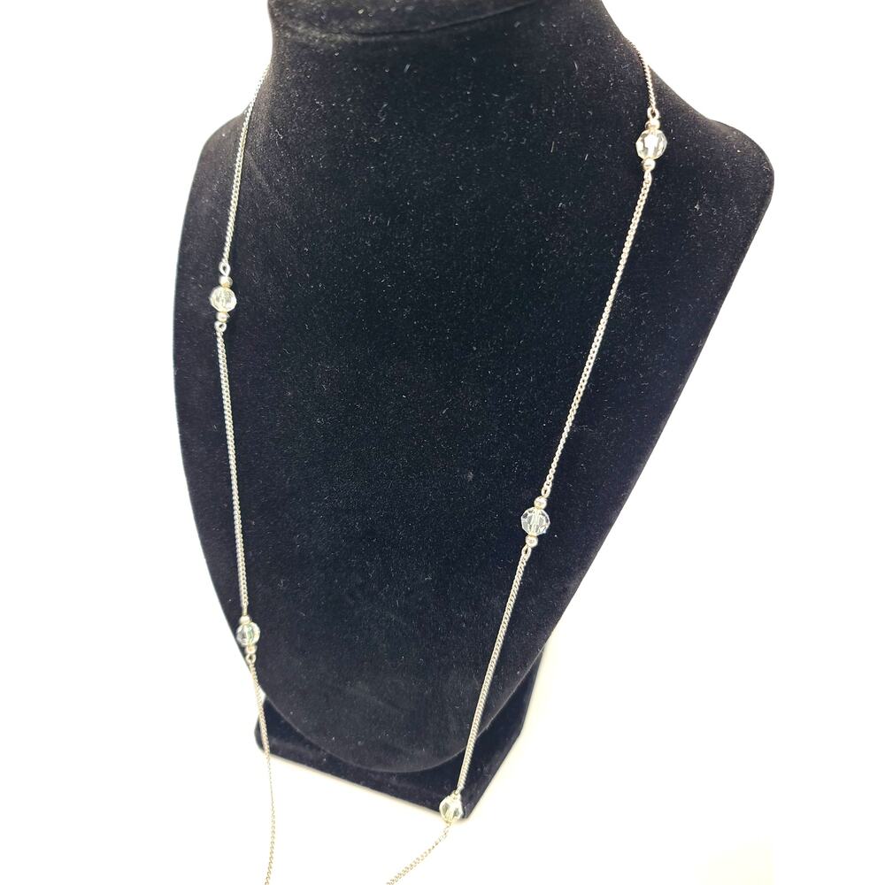 1977 Avon 32" Faceted Crystal Beads Silver-Tone Curb Chain Station Necklace
